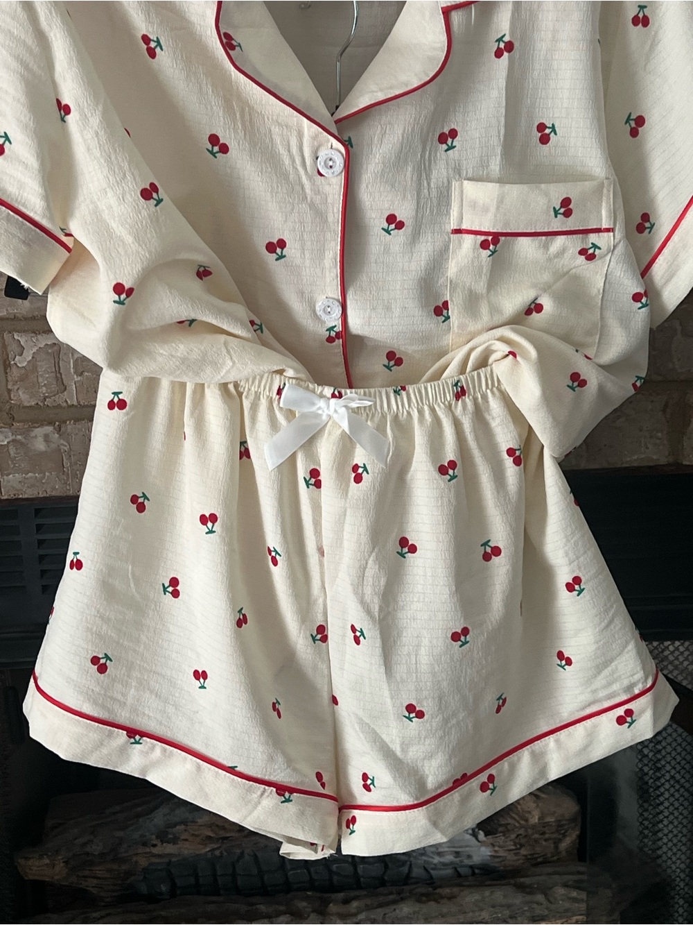 Cherry Print Cream Short Pajama Set with Red Piping size med never worn -washed - Picture 4 of 5